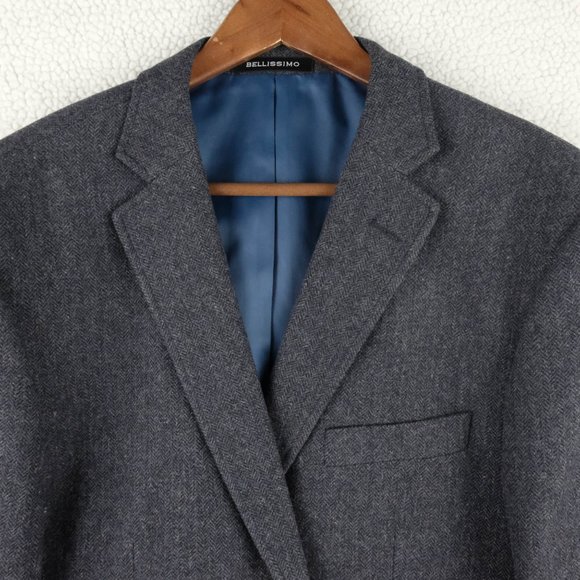 Bellissimo Blazer mens 46R Blue Herringbone Tweed Elbow Pads Two Button Vented - Picture 2 of 14